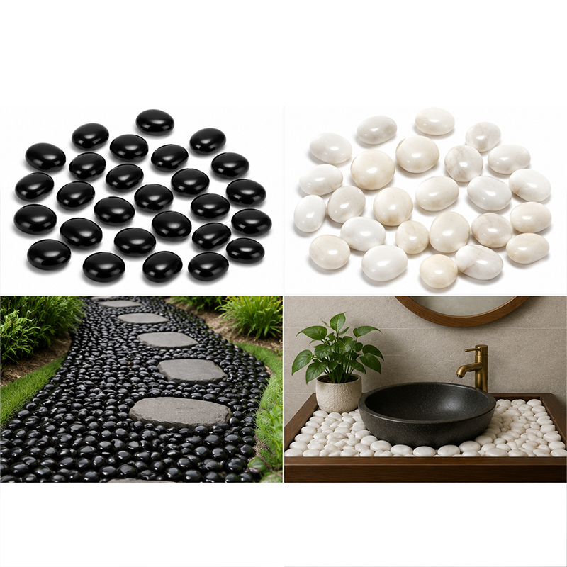 Fish Tank Gravel - Weiß-schwarze polierte Flusssteine, 200 g–400 g,