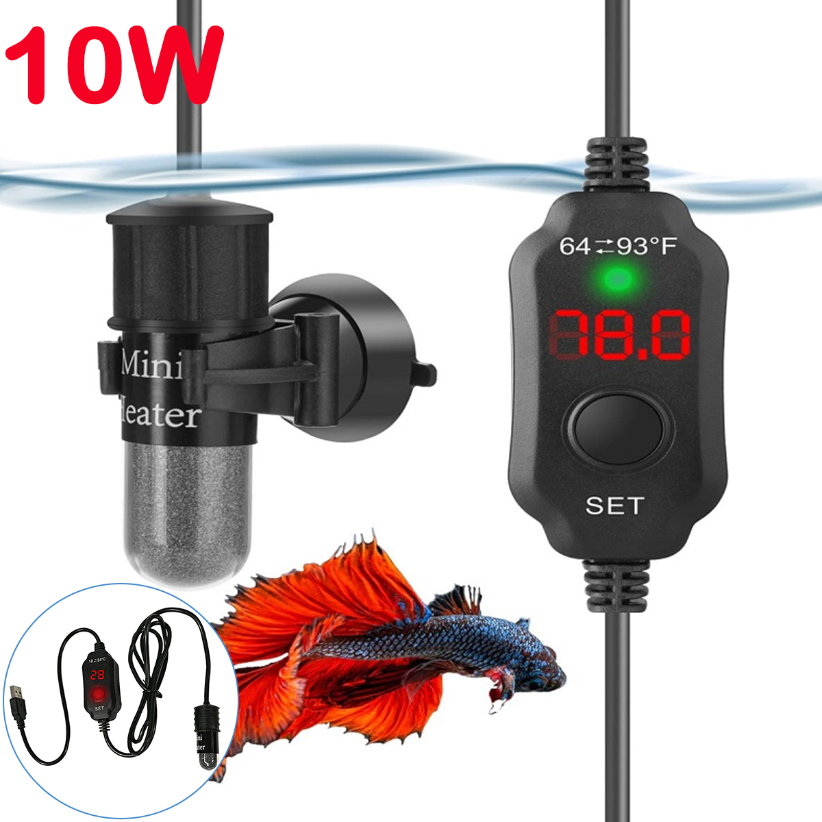 Fish Tank Heater - 10 W verstellbarer Aquarium-Heizstab 18–34 °